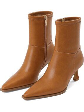 Women's Light Brown Pointed Toe Side Zip Comfortable Mid Calf Kitten Heel Boots